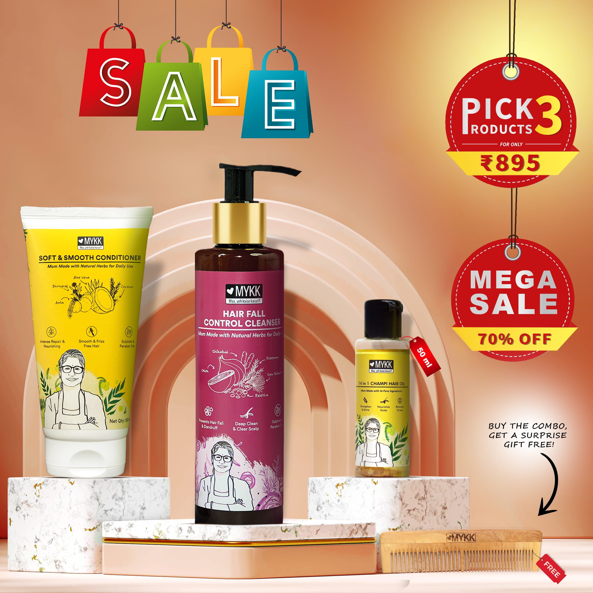 Soft & Smooth Conditioner + Hair Fall Control Shampoo + 14 in 1 Champi Hair Oil - 50ml Mega Combo Pack - Mykk Store
