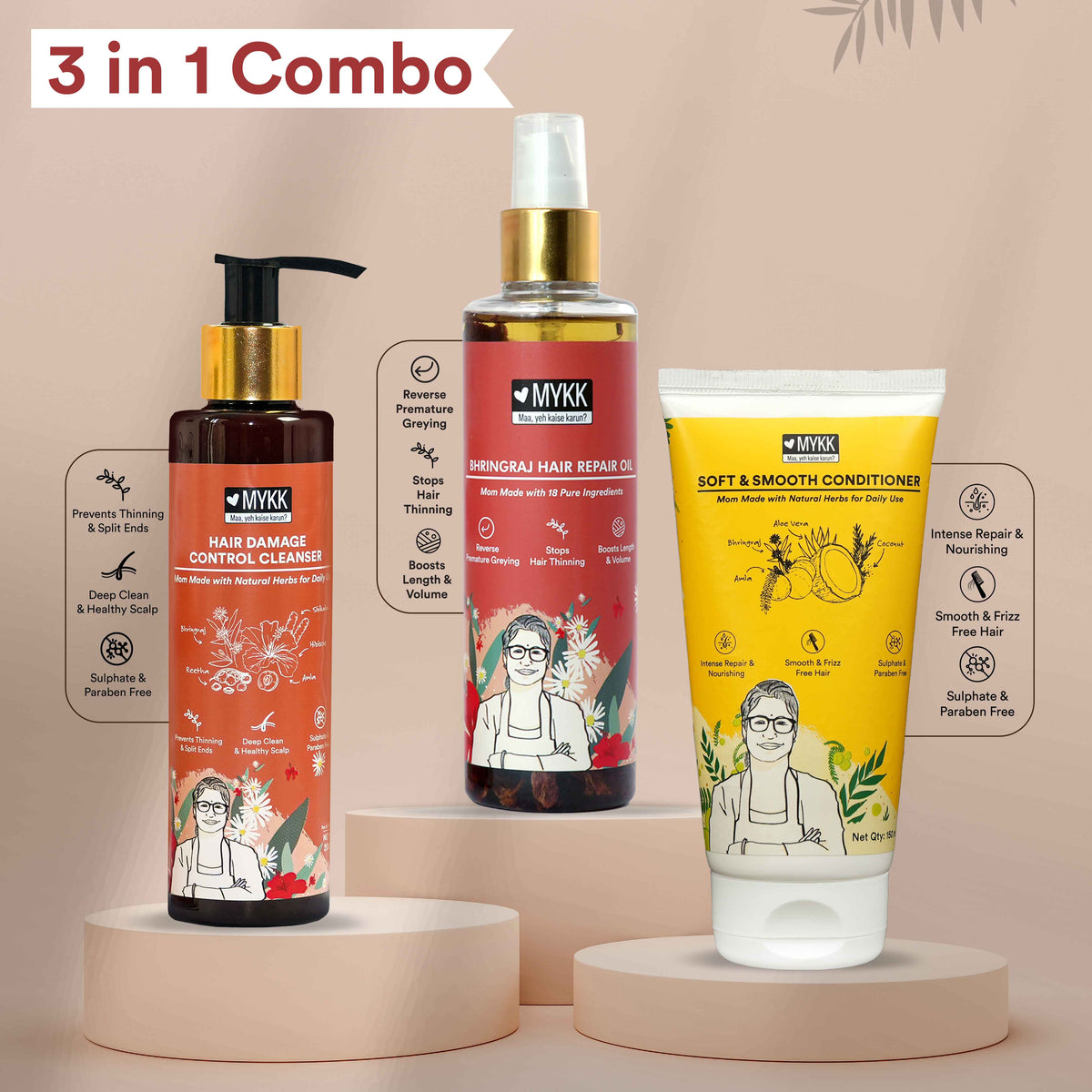 MYKK Hair Damage Control Cleanser Shampoo + Bhringraj Hair Repair Oil + Soft & Smooth Conditioner Combo Pack