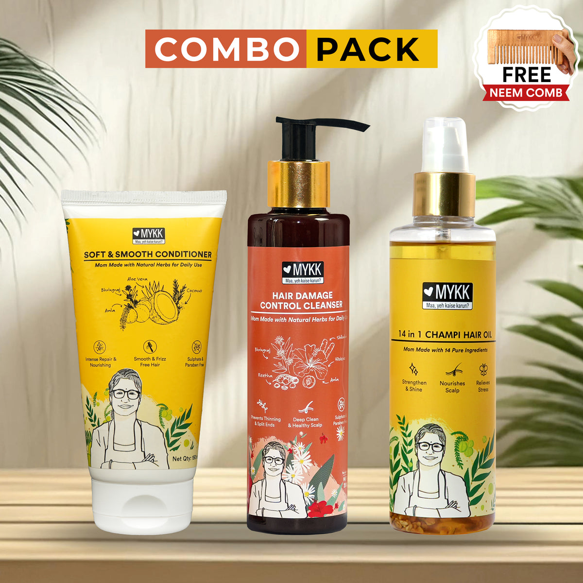 MYKK Hair Damage Control Cleanser Shampoo Shampoo + Soft and Smooth Conditioner + 14 in 1 Champi Hair Oil Combo Pack