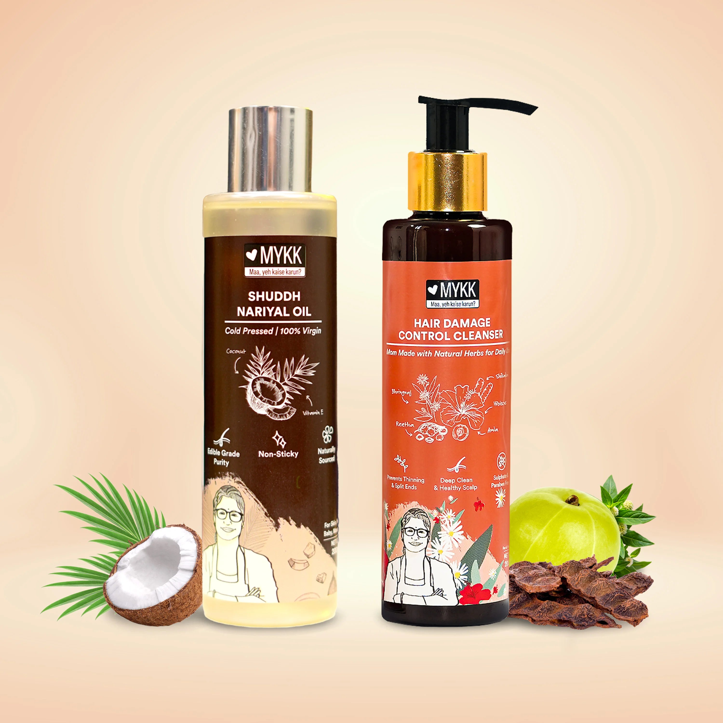 MYKK Shuddh Nariyal Oil 200ml & Hair Damage Control Cleanser Shampoo 200ml Combo | 100% Virgin Cold Pressed Coconut Oil for Skin, Hair & Massage with Damage Repair Shampoo - Mykk Store