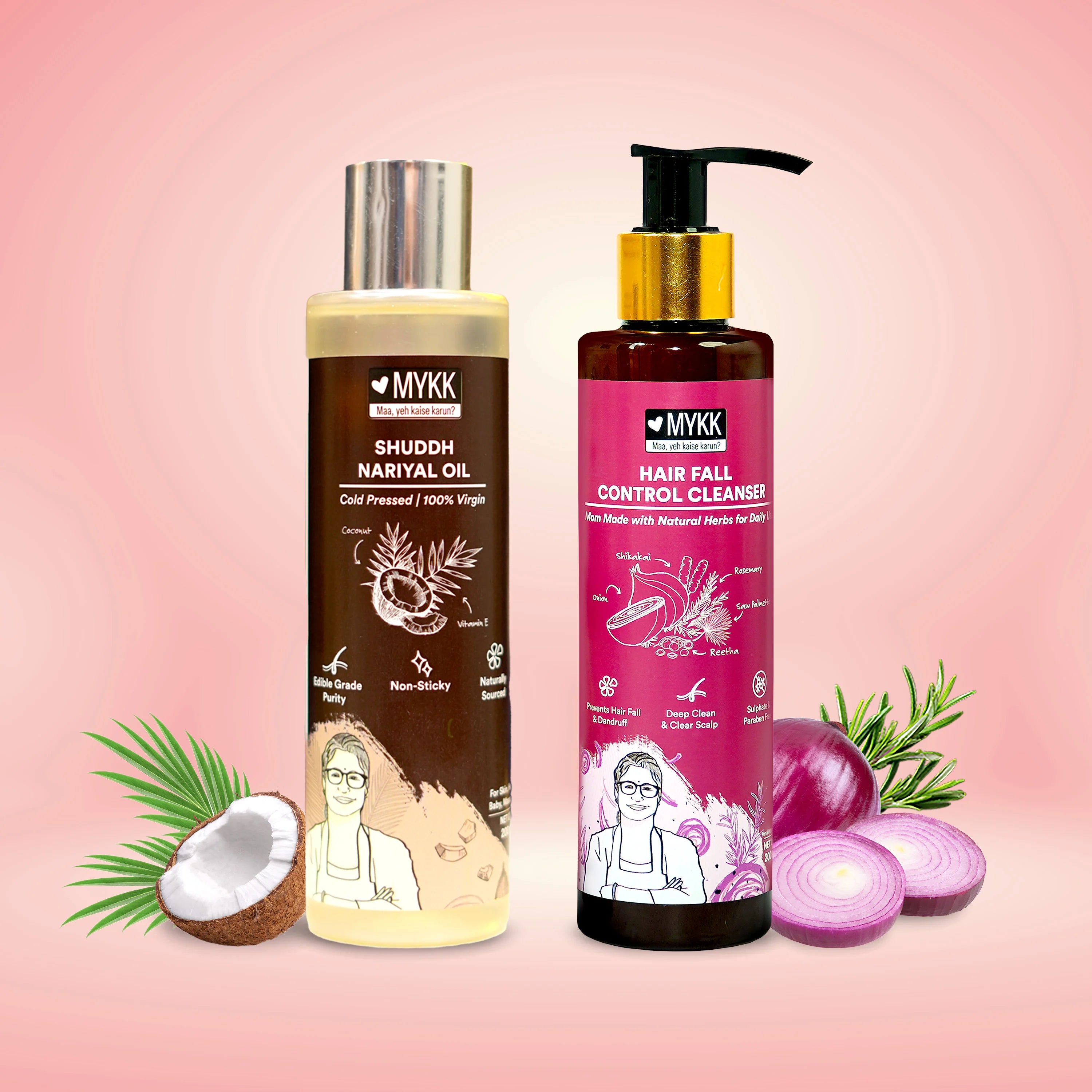 MYKK Shuddh Nariyal Oil 200ml & Hair Fall Control Cleanser Shampoo 200ml Combo | 100% Virgin Cold Pressed Coconut Oil for Skin & Hair with Anti-Hair Fall Shampoo - Mykk Store