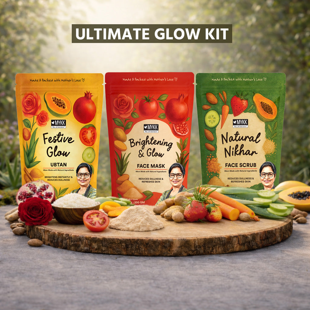 Ultimate Glow Kit | Brightening & Glow Face Mask + Festive Glow Ubtan + Natural Nikhar Face Scrub - Mykk Store