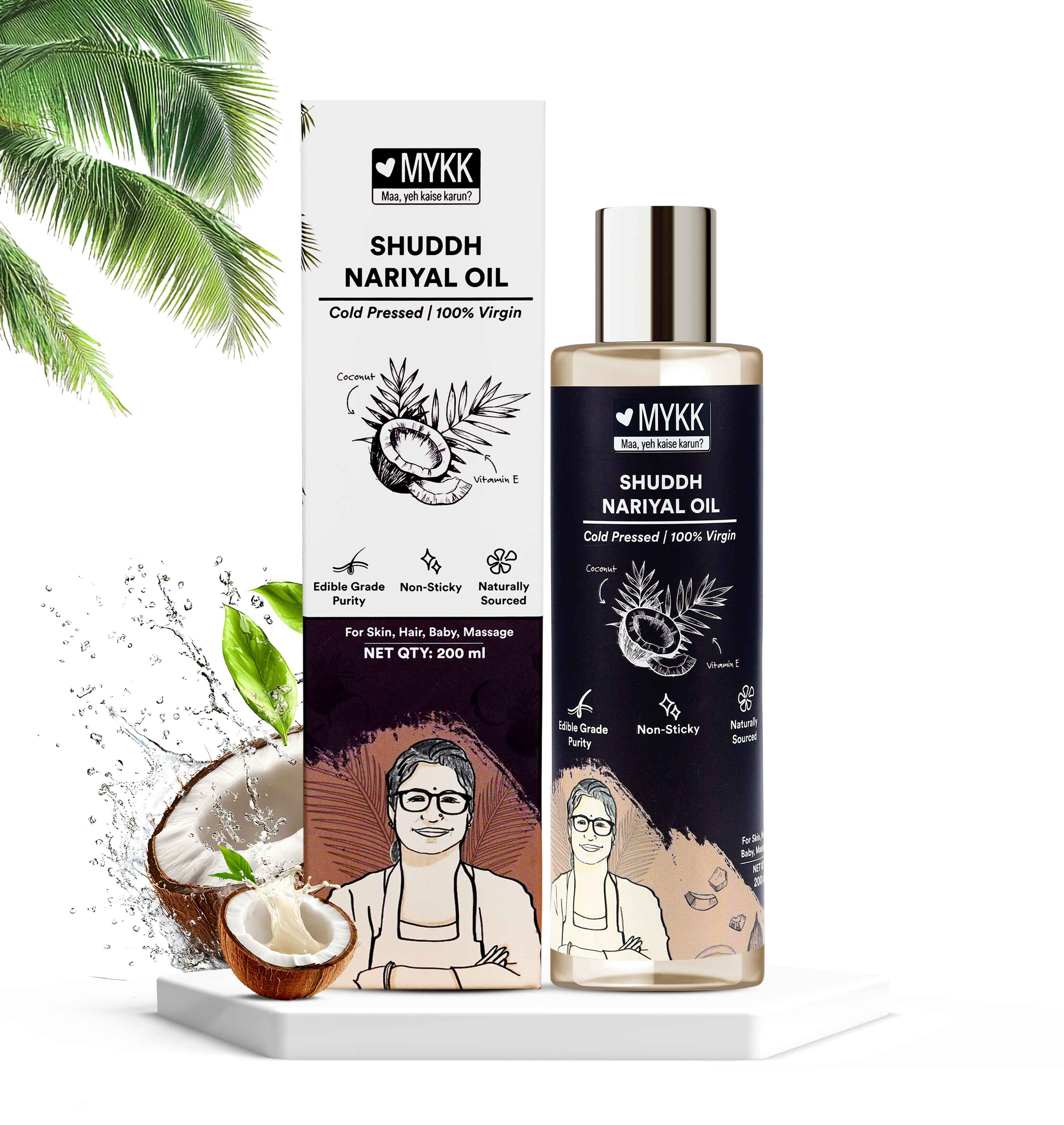 MYKK Shuddh Nariyal Oil - 100% Virgin, Cold Pressed | Edible Grade, Non-Sticky, Naturally Sourced Coconut Oil for Skin, Hair, Baby & Massage – 200ml - Mykk Store