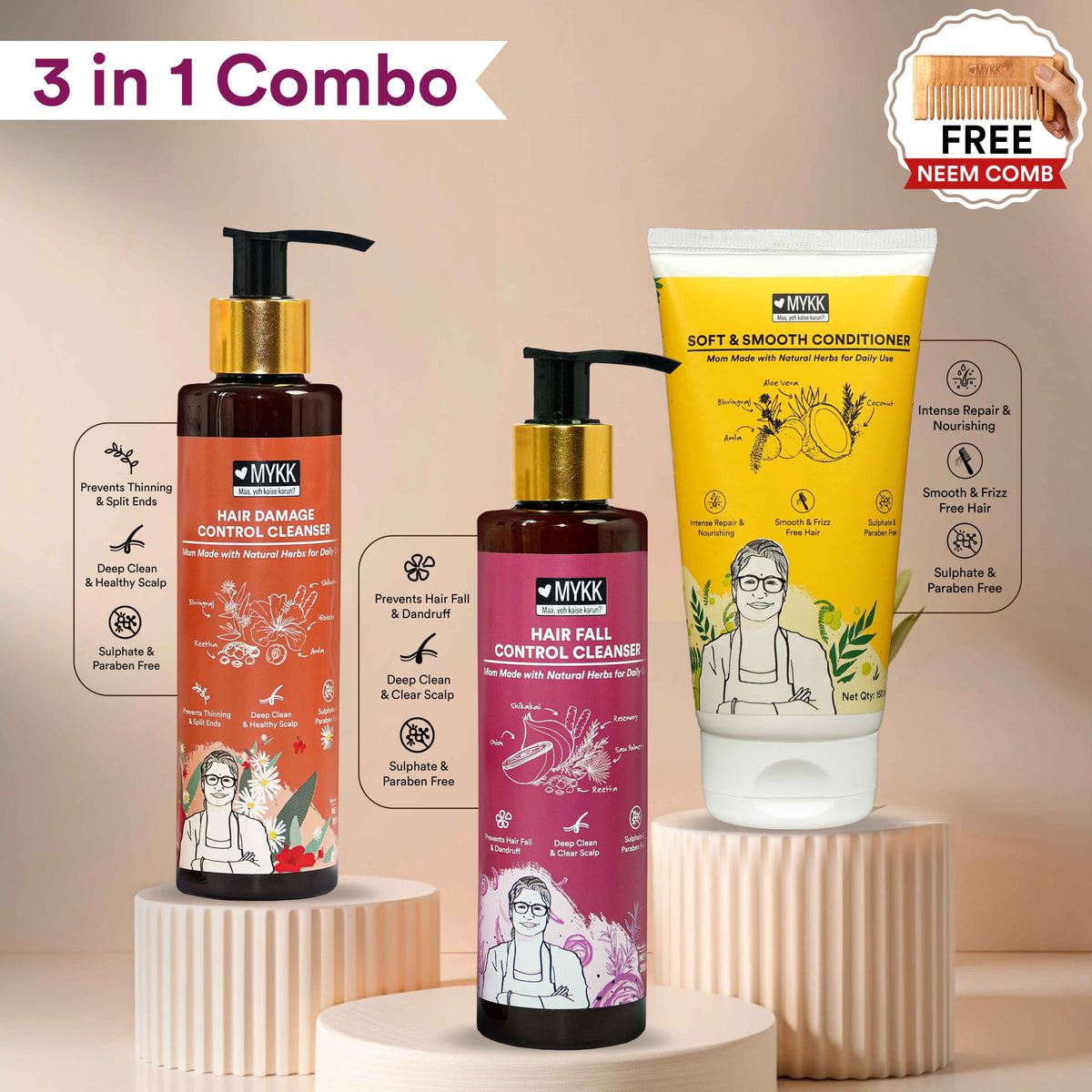 MYKK Hair Fall Control Cleanser Shampoo + Hair Damage Control Cleanser Shampoo + Soft & Smooth Conditioner Combo Pack