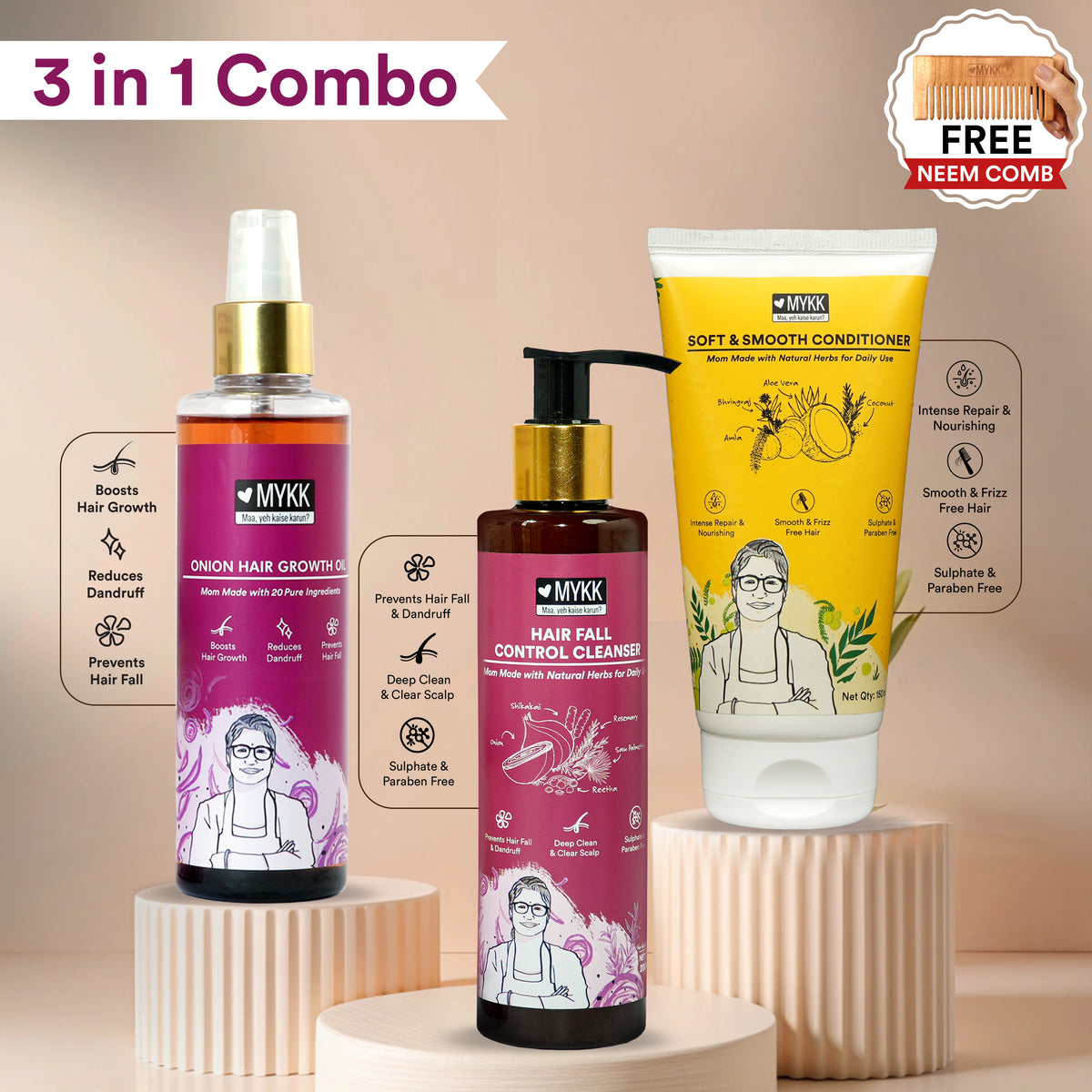 MYKK Onion Hair Growth Oil + Hair Fall Control Shampoo + Soft & Smooth Conditioner Combo Pack