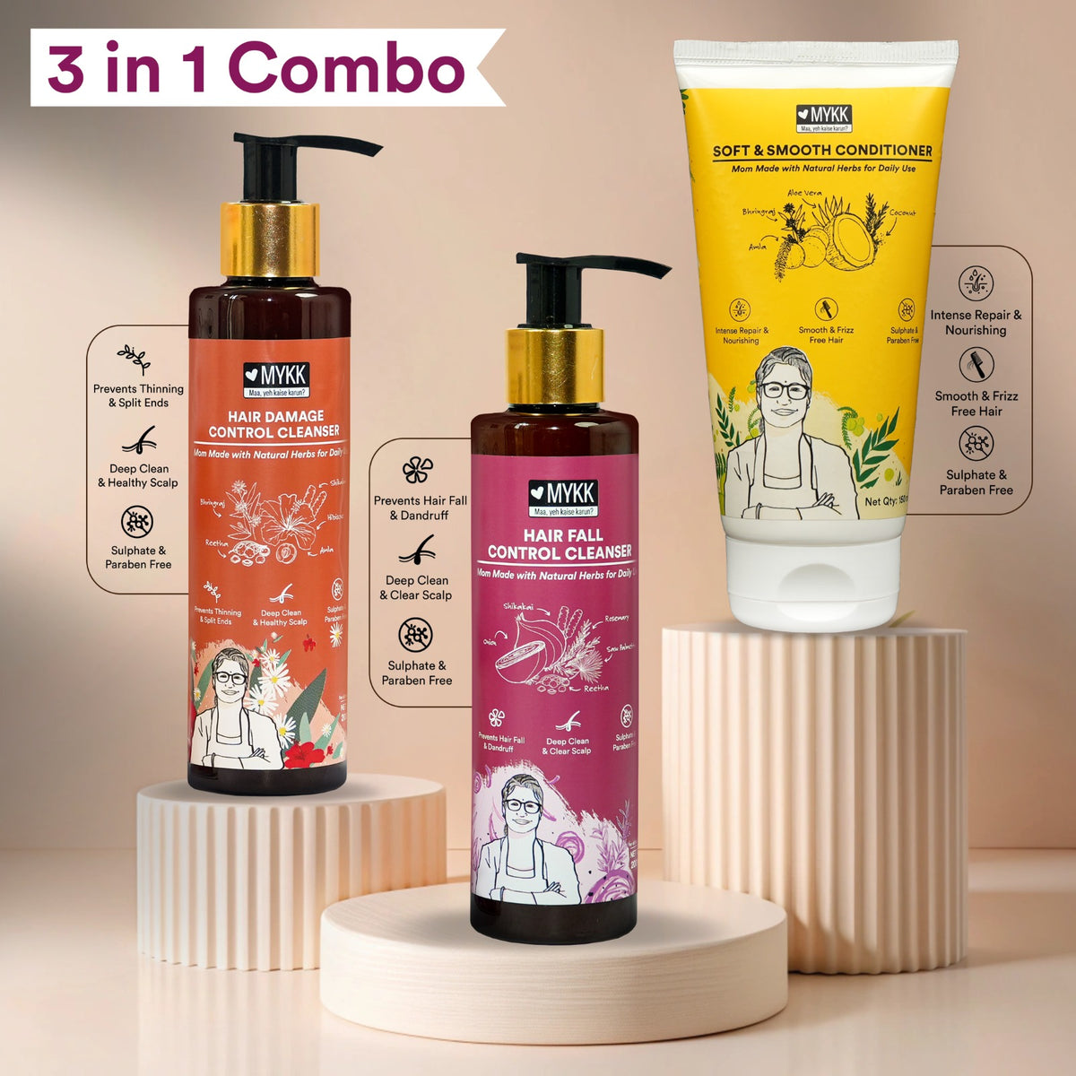 MYKK Hair Fall Control Cleanser Shampoo + Hair Damage Control Cleanser Shampoo + Soft & Smooth Conditioner Combo Pack