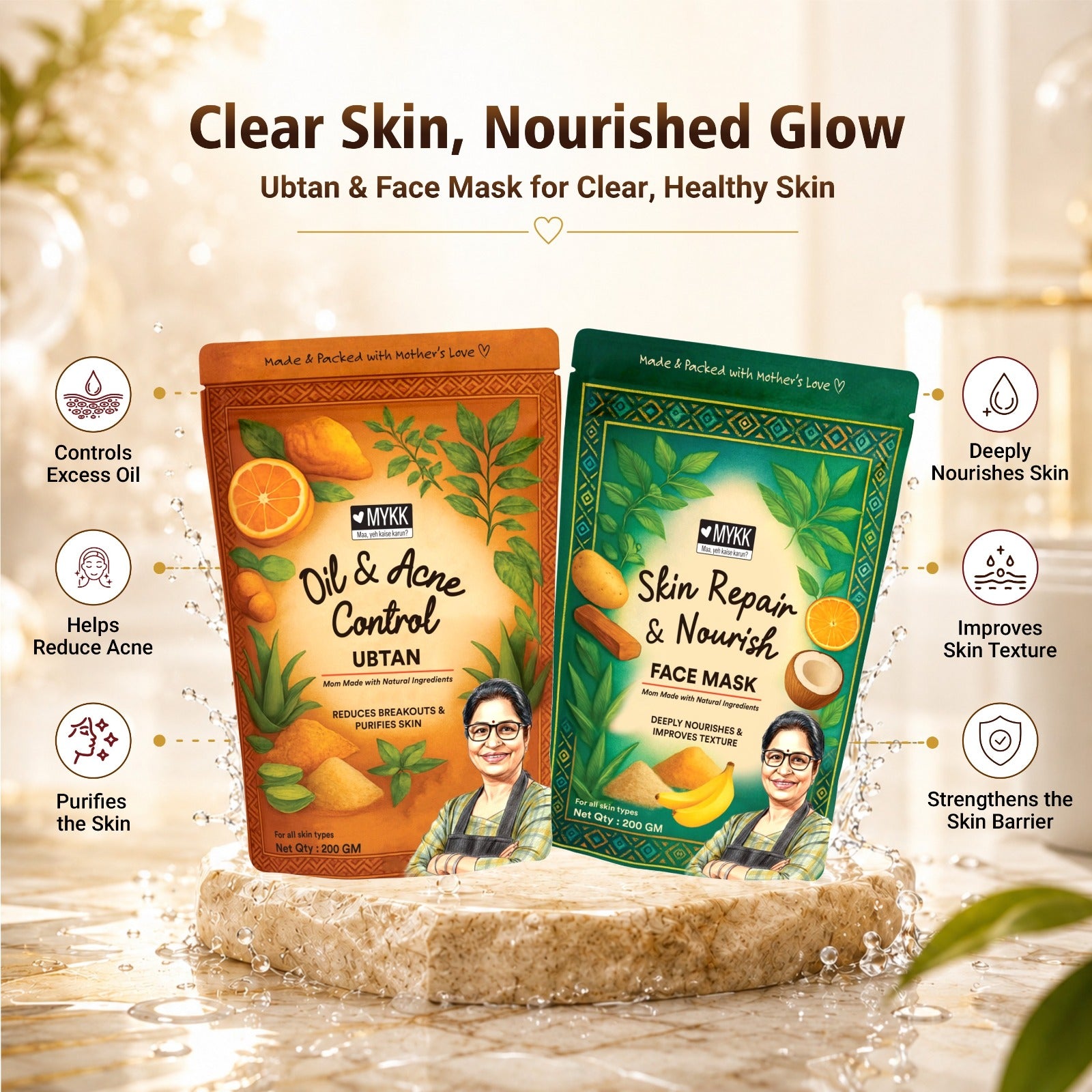 Oil & Acne Control Ubtan + Skin Repair & Nourish Face Mask Combo - Mykk Store