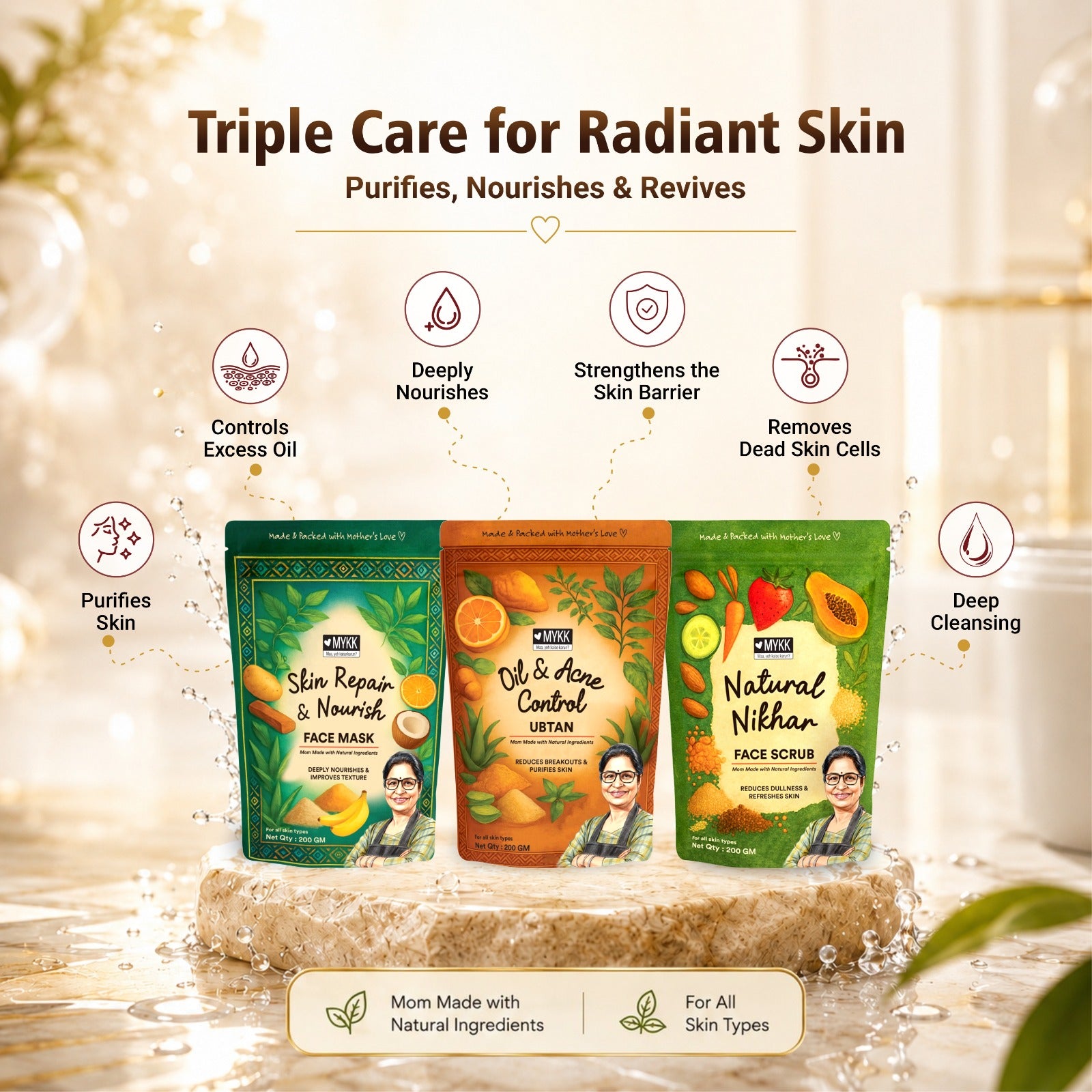 Ultimate Repair Kit – Oil & Acne Control Ubtan + Skin Repair & Nourish Face Mask + Natural Nikhar Face Scrub - Mykk Store