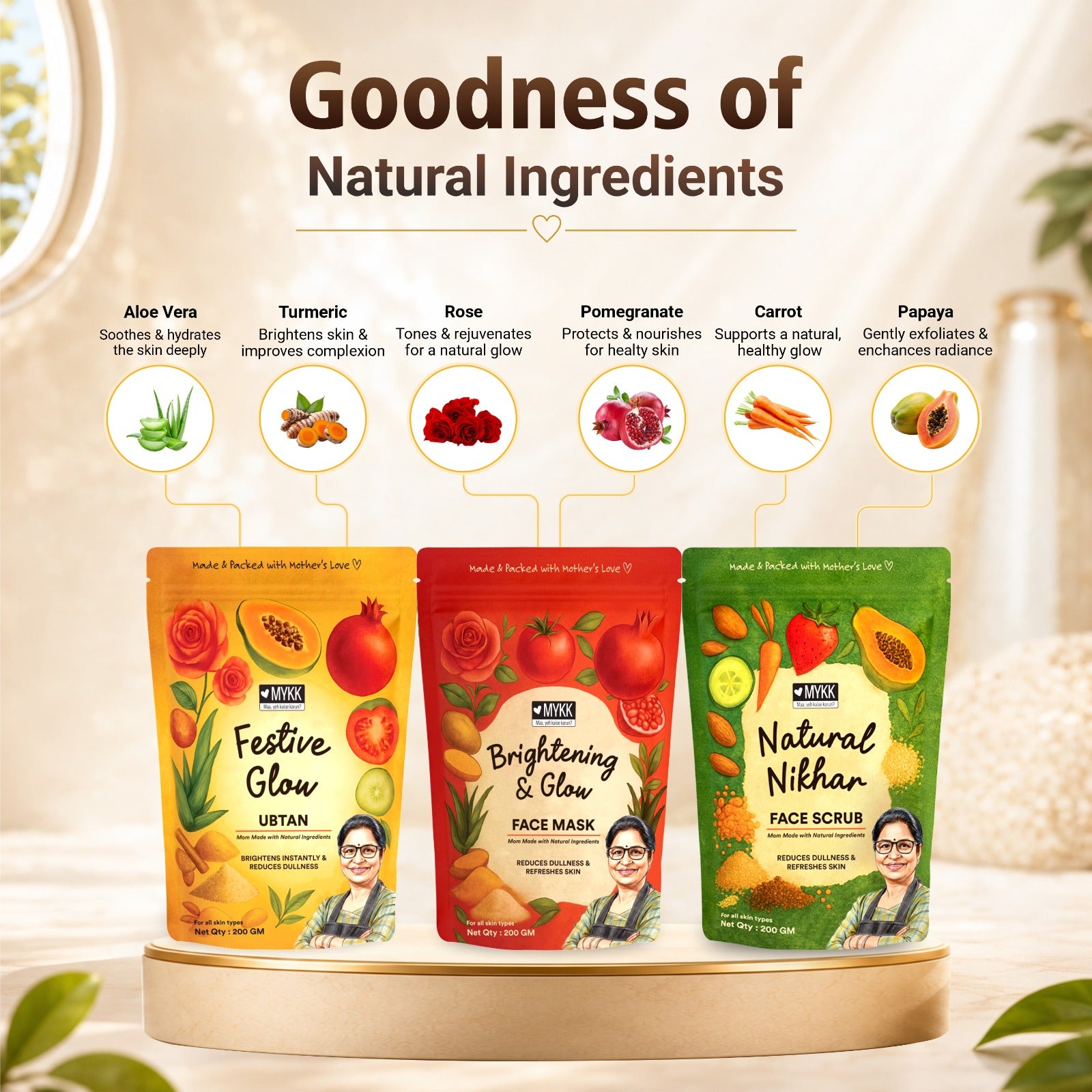 MYKK Ultimate Glow Kit | Combo Pack of 3 | Festive Glow Ubtan + Brightening & Glow Face Mask + Natural Nikhar Face Scrub | Natural Ingredients | Reduces Dullness | All Skin Types | 200 gm Each - Mykk Store