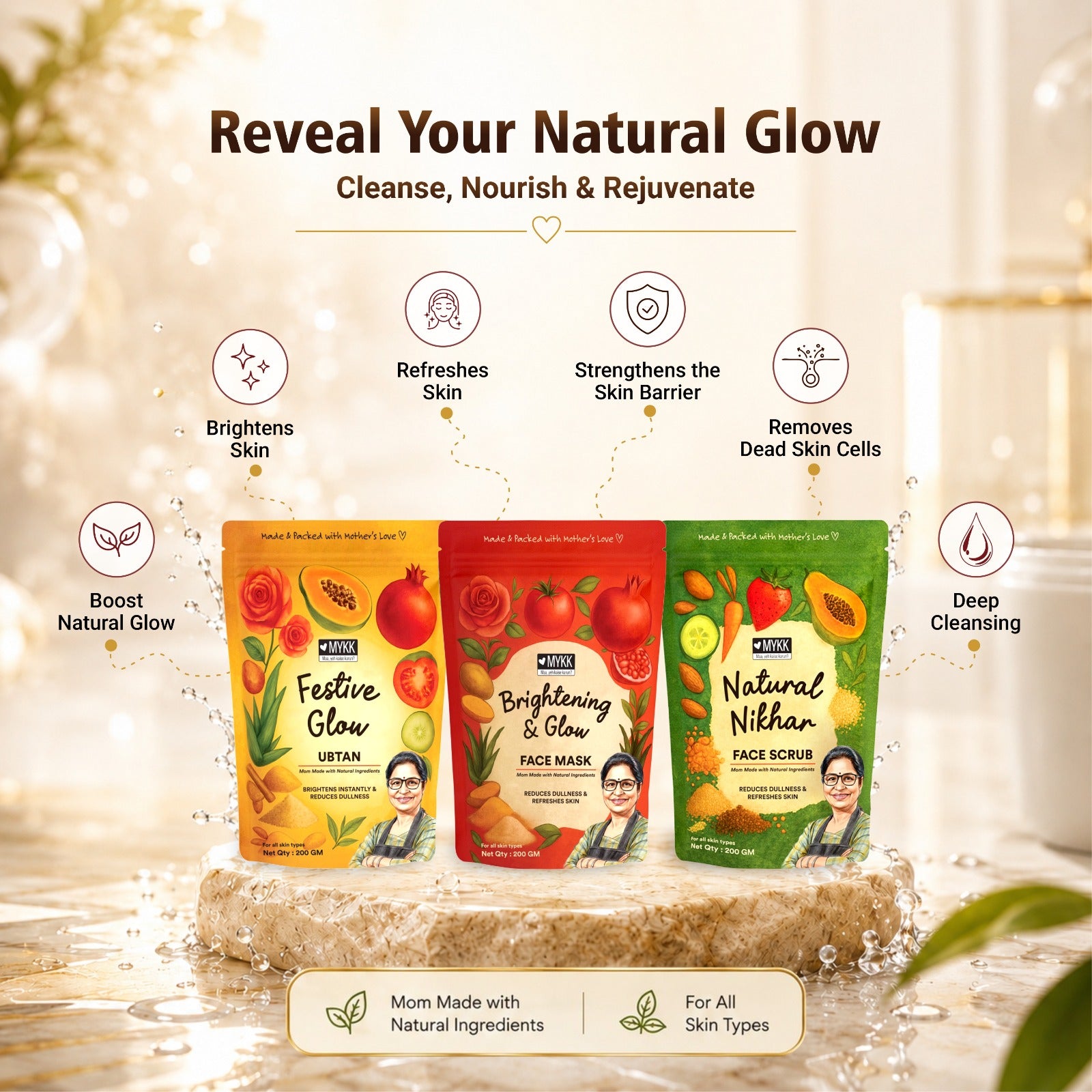 MYKK Ultimate Glow Kit | Combo Pack of 3 | Festive Glow Ubtan + Brightening & Glow Face Mask + Natural Nikhar Face Scrub | Natural Ingredients | Reduces Dullness | All Skin Types | 200 gm Each - Mykk Store