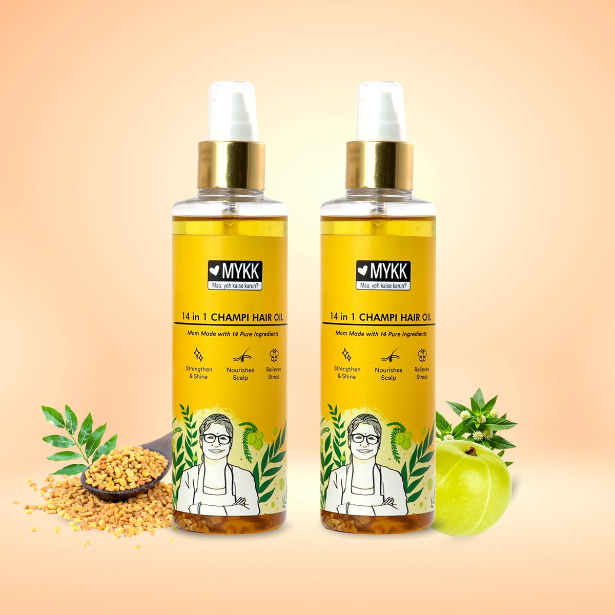 MYKK 14 in 1 Champi Hair Oil Pack of 2 (200 ml each) | Mom Made with 14 Pure Ingredients | Strengthens & Adds Shine | Nourishes Scalp | Head Massage Hair Oil for Men & Women