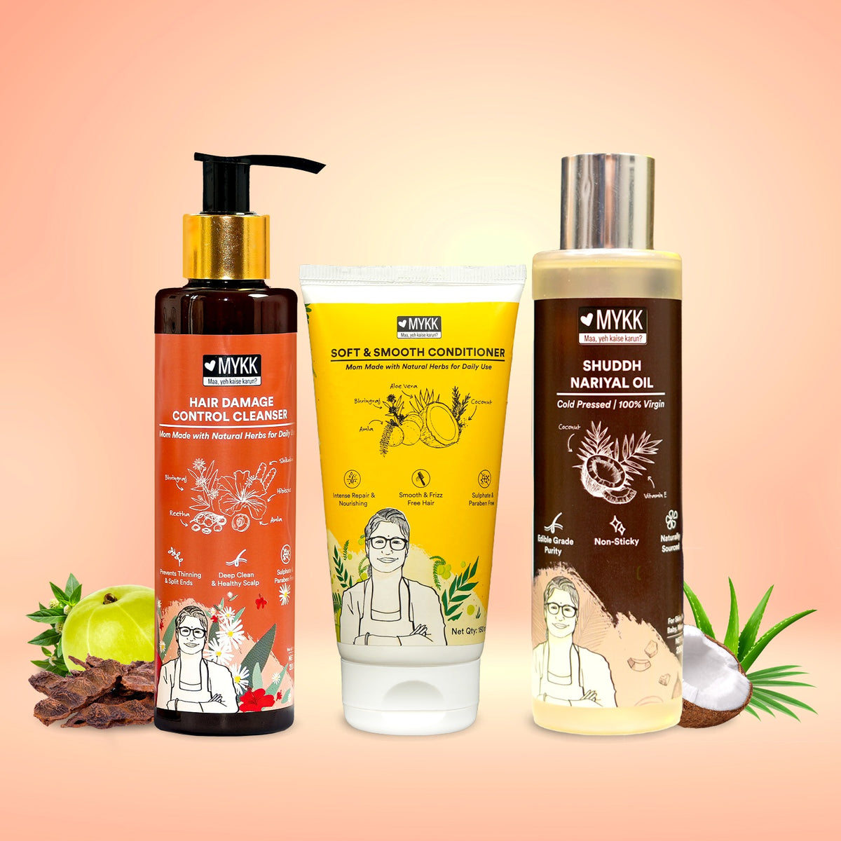 MYKK Shuddh Nariyal Oil - 100% Virgin, Cold Pressed + Hair Damage Control Cleanser Shampoo + Soft & Smooth Conditioner Combo Pack - Mykk Store
